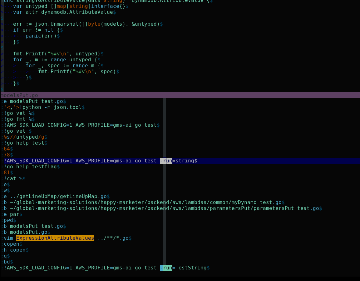 Vimβs command-line window showing a history of previously run Ex commands