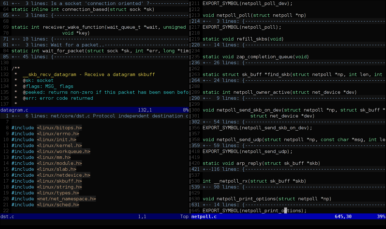 A Vim session with two vertical windows showing folded C source code